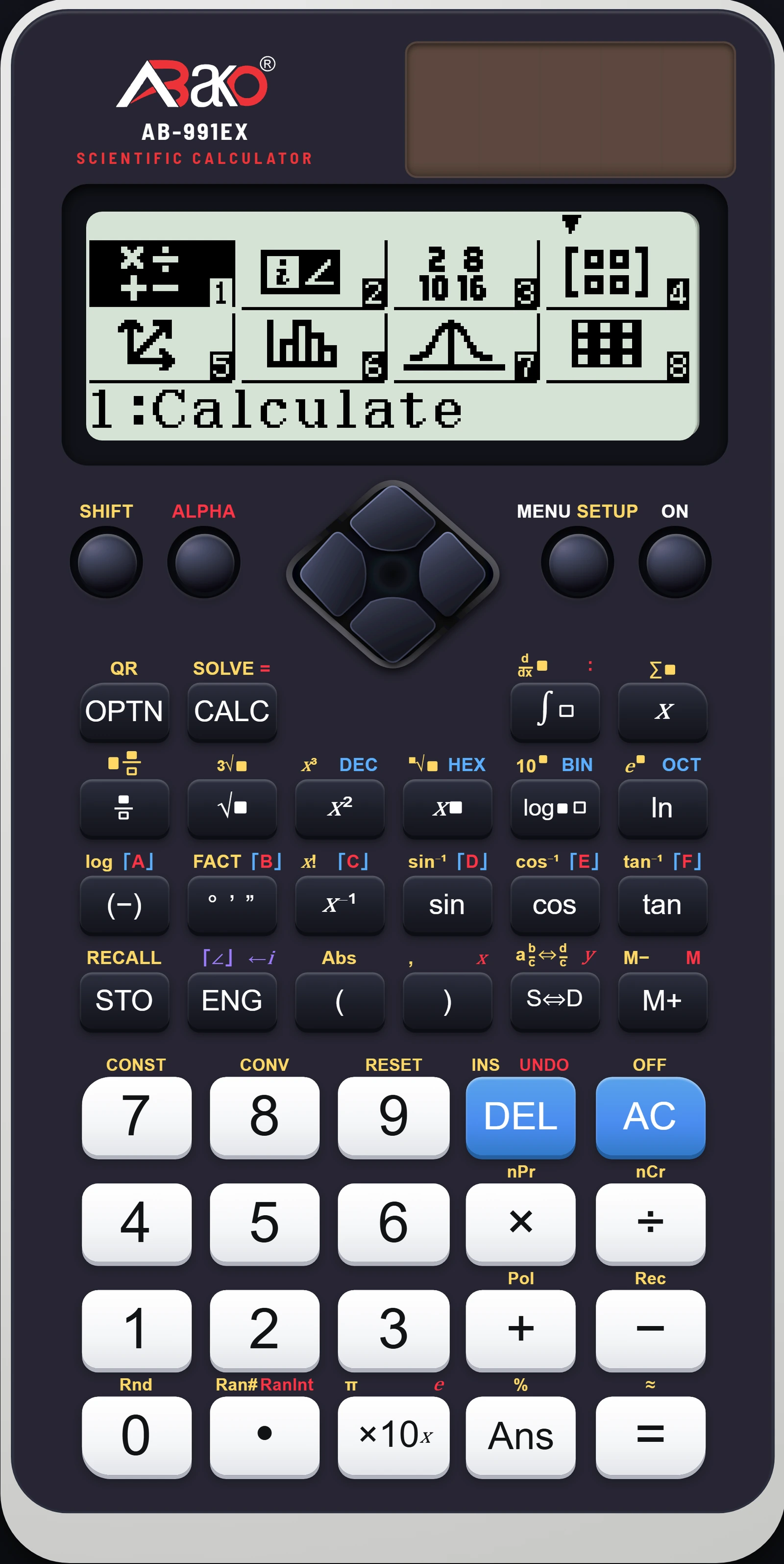 The emulator's MENU screen, listing the calculator modes as icons with Calculate selected as mode one.
